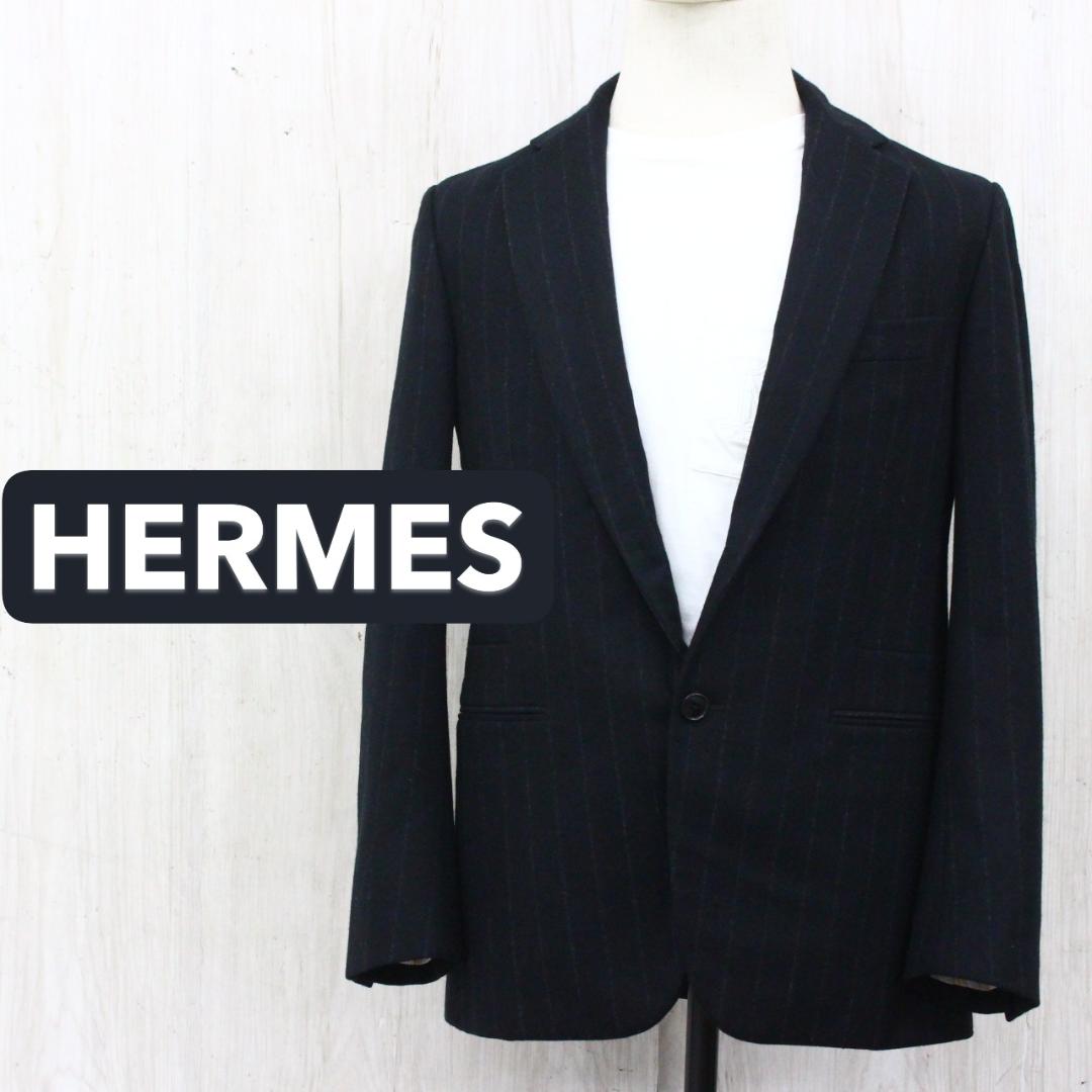 ◇美品 HERMES エルメス メンズ スーツ上下 ブラックストライプ ウール