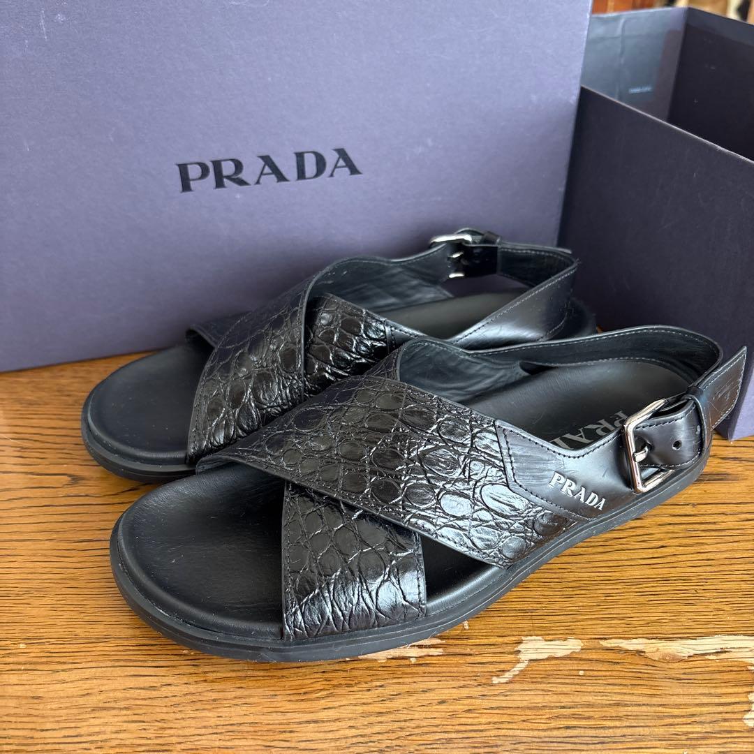 プラダ　サイズ:6 レザー クロスストラップ サンダル 黒　 2X3033