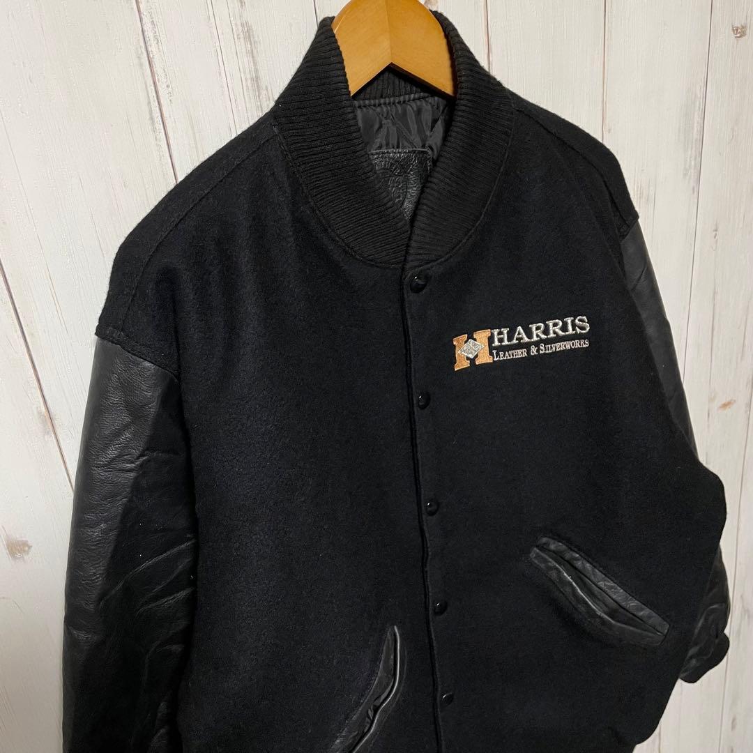 90s USA製 HARRIS 刺繍 ロゴ ブラック 黒 袖 レザー スタジャン