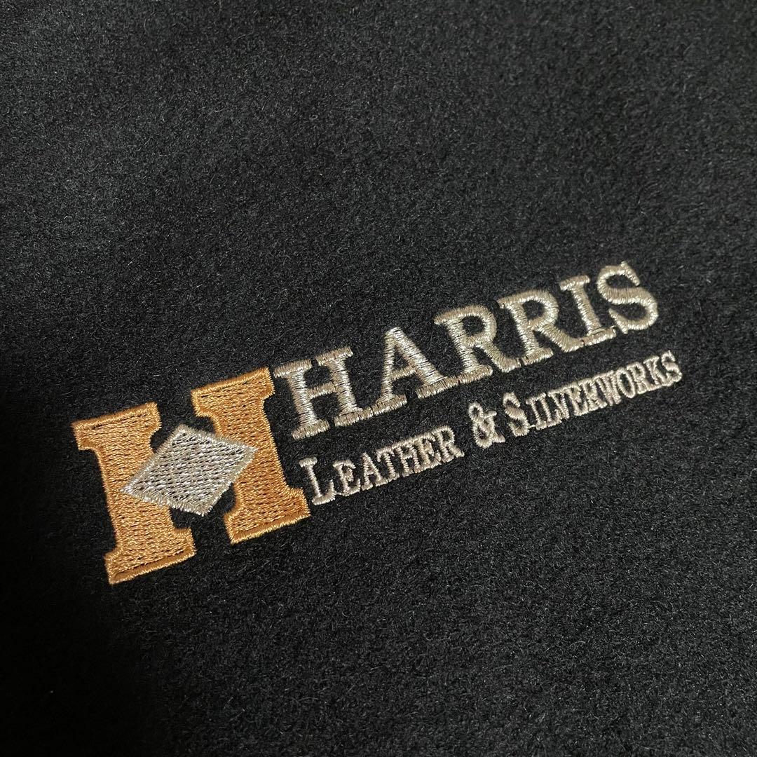 90s USA製 HARRIS 刺繍 ロゴ ブラック 黒 袖 レザー スタジャン