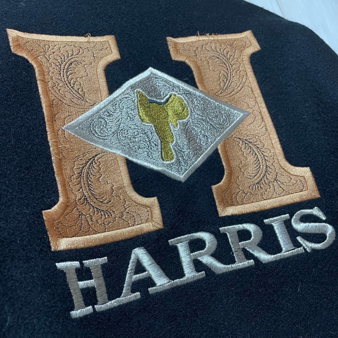 90s USA製 HARRIS 刺繍 ロゴ ブラック 黒 袖 レザー スタジャン