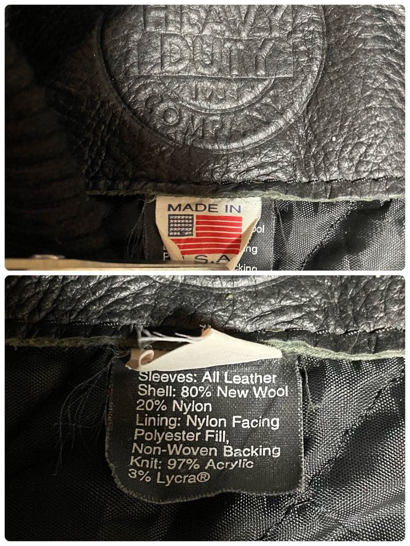 90s USA製 HARRIS 刺繍 ロゴ ブラック 黒 袖 レザー スタジャン