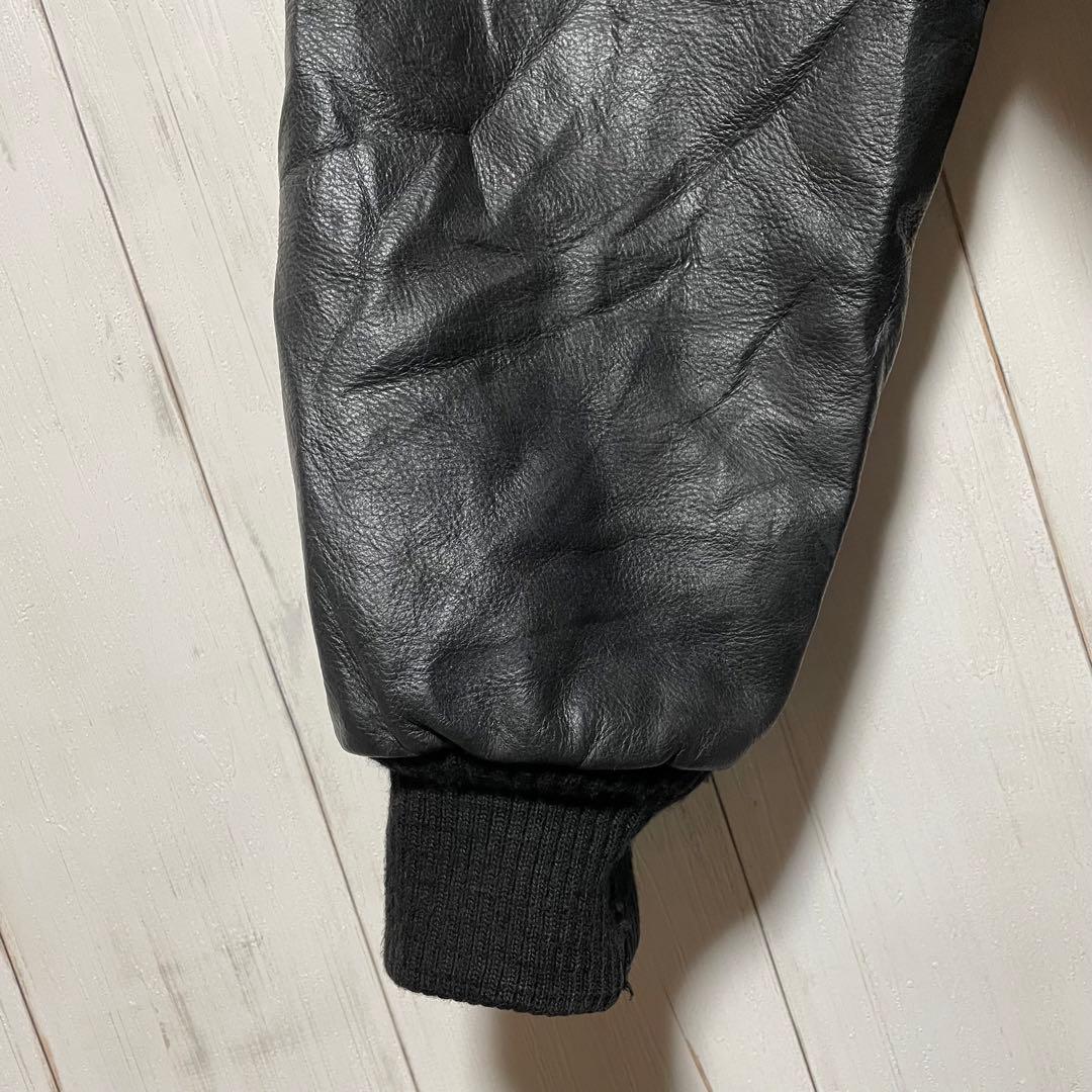 90s USA製 HARRIS 刺繍 ロゴ ブラック 黒 袖 レザー スタジャン