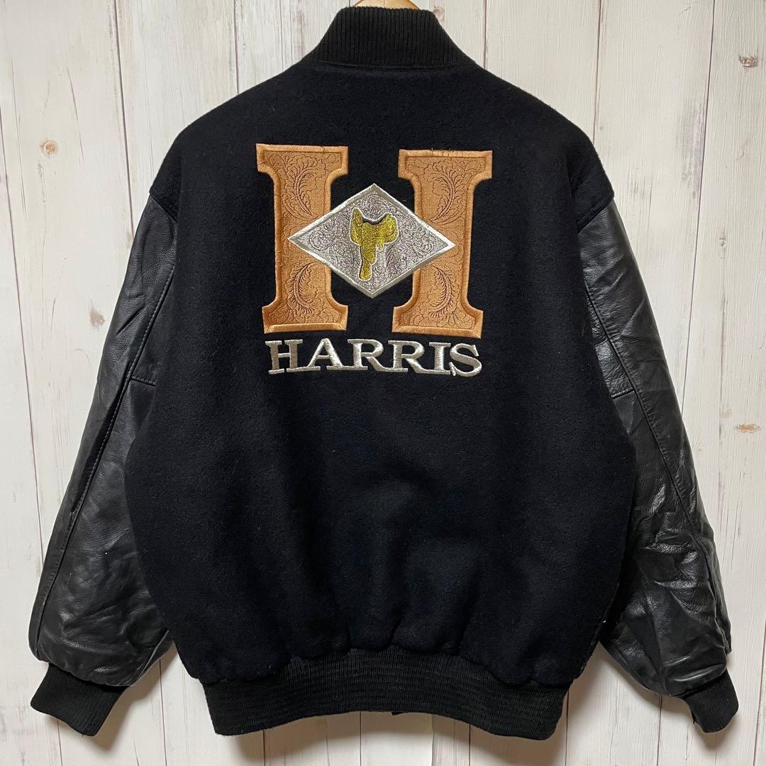 90s USA製 HARRIS 刺繍 ロゴ ブラック 黒 袖 レザー スタジャン