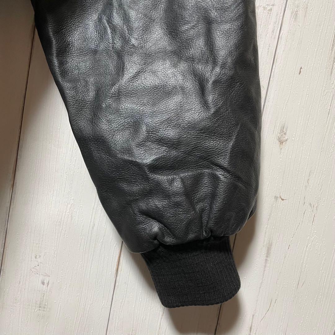 90s USA製 HARRIS 刺繍 ロゴ ブラック 黒 袖 レザー スタジャン