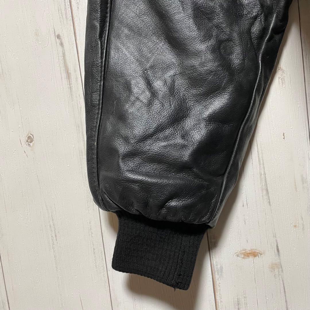 90s USA製 HARRIS 刺繍 ロゴ ブラック 黒 袖 レザー スタジャン