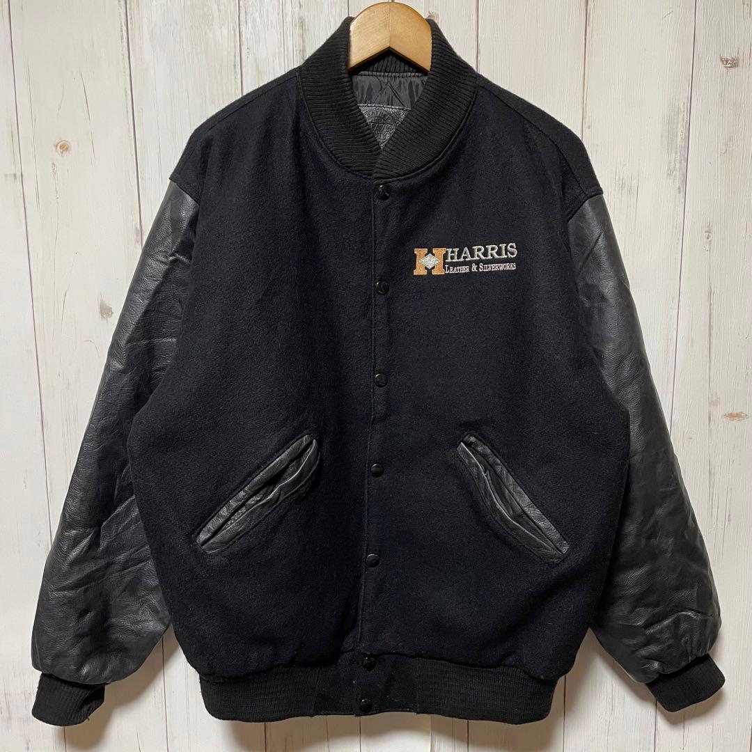90s USA製 HARRIS 刺繍 ロゴ ブラック 黒 袖 レザー スタジャン