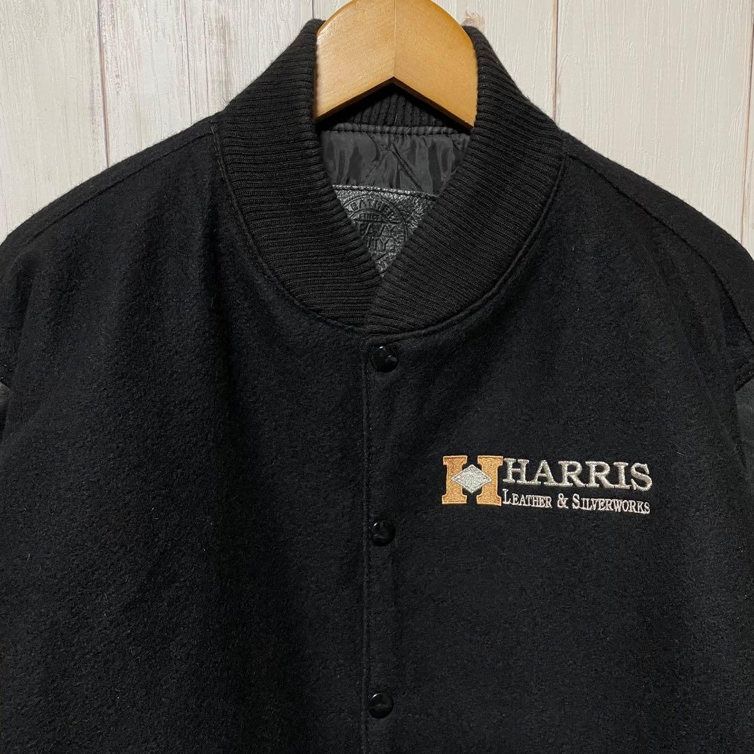 90s USA製 HARRIS 刺繍 ロゴ ブラック 黒 袖 レザー スタジャン