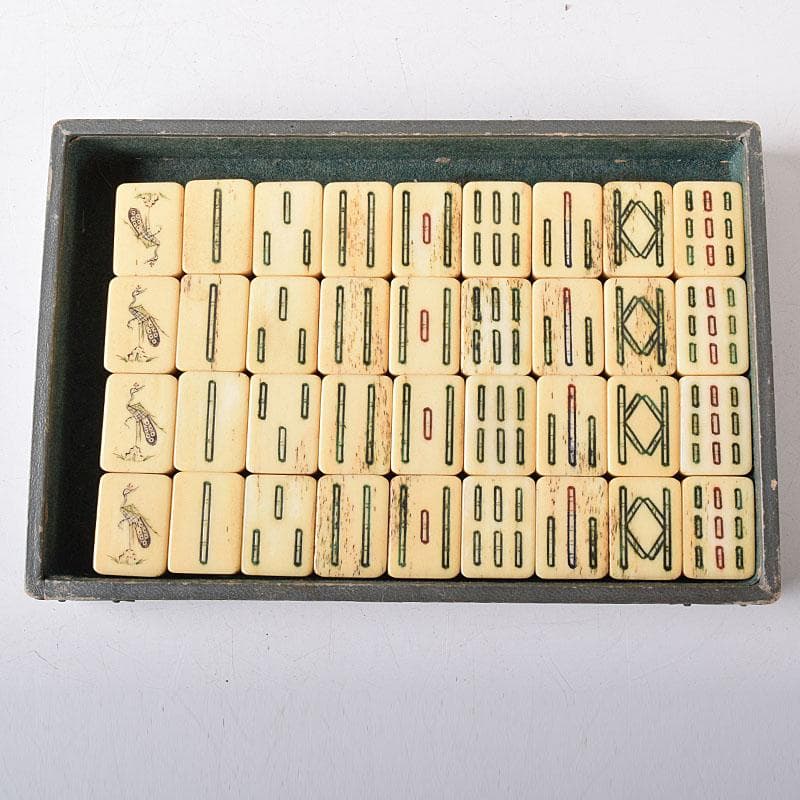 ぶるースカイ　中国　竹嵌　骨牌　背竹牌　麻雀牌　ケース付　C　7747