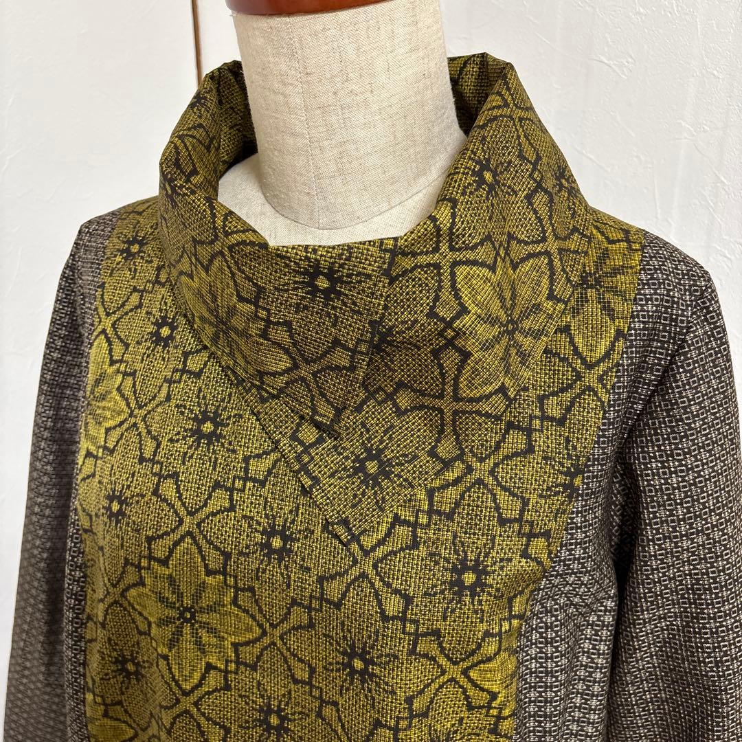 着物リメイク　11号サイズ　本場大島紬２種ロールカラー風チュニック