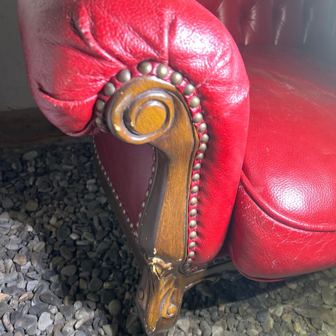 クラシック赤レザー3人掛けソファ