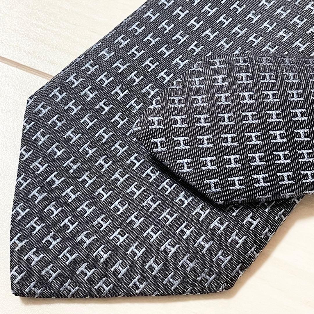 HERMES　エルメス　ネクタイ　ファソネ　総H柄 H織　グレー　ブルー　シルク