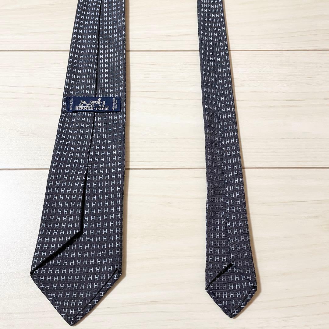 HERMES　エルメス　ネクタイ　ファソネ　総H柄 H織　グレー　ブルー　シルク