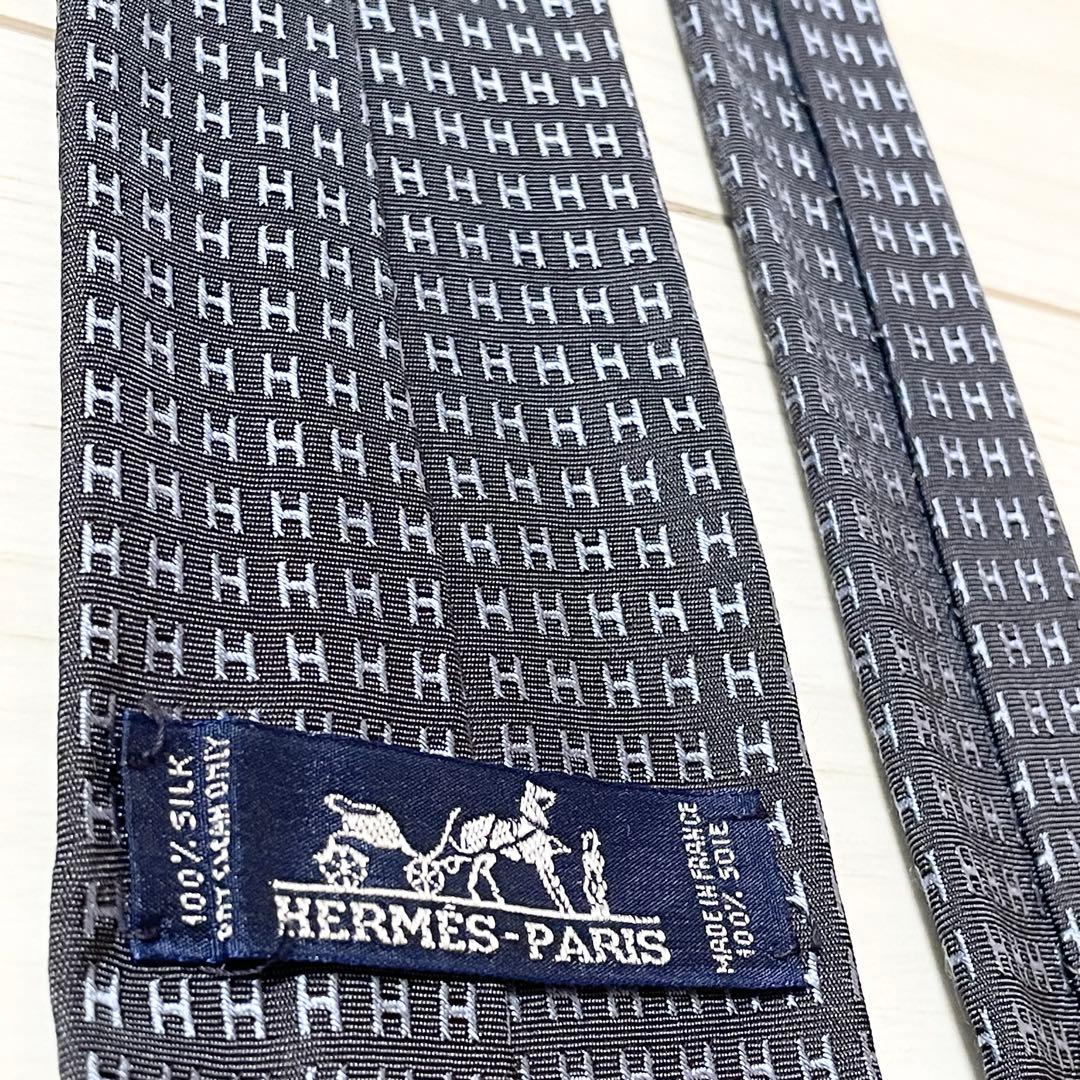 HERMES　エルメス　ネクタイ　ファソネ　総H柄 H織　グレー　ブルー　シルク
