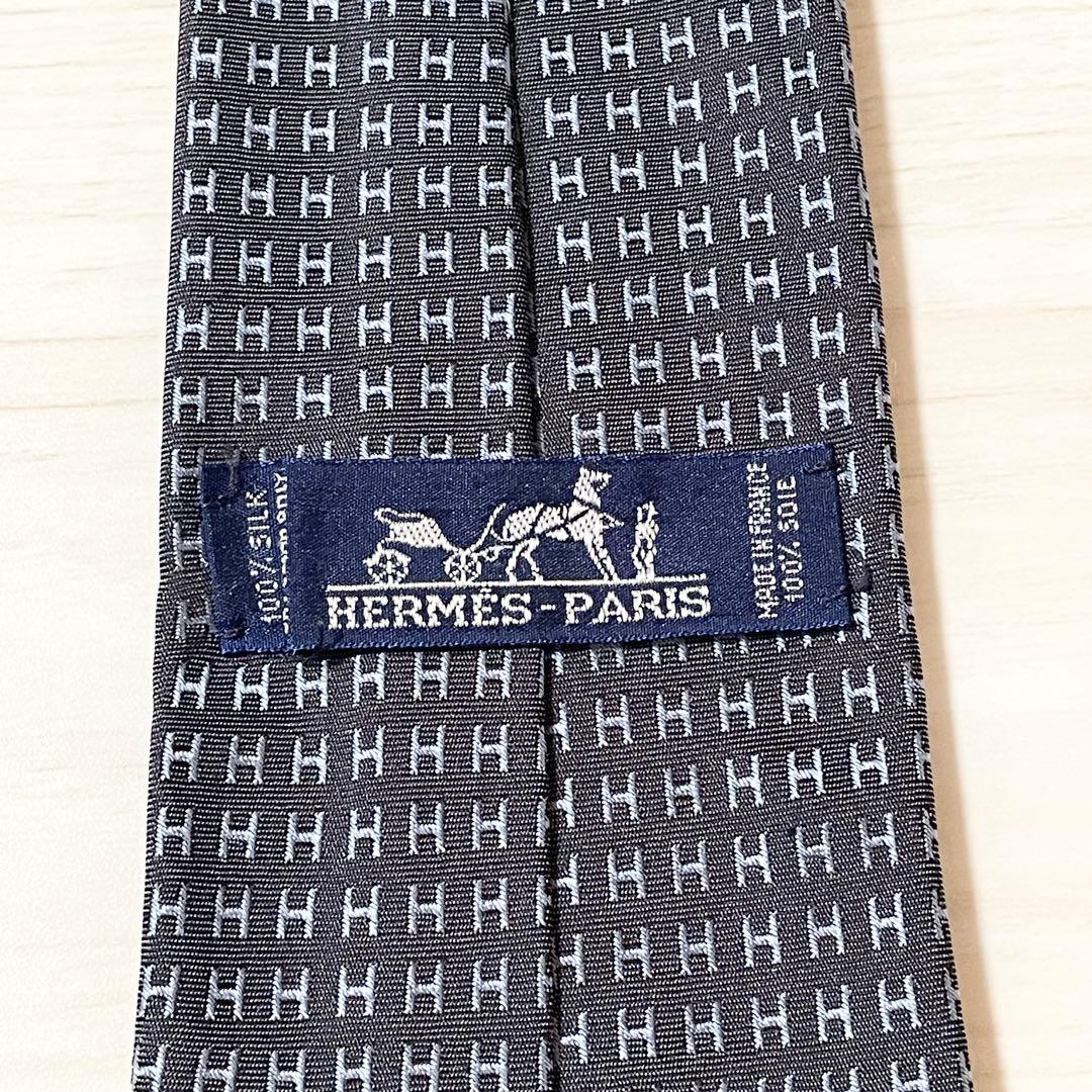 HERMES　エルメス　ネクタイ　ファソネ　総H柄 H織　グレー　ブルー　シルク