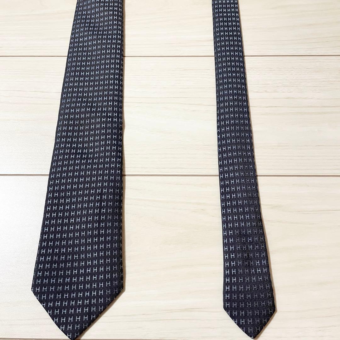 HERMES　エルメス　ネクタイ　ファソネ　総H柄 H織　グレー　ブルー　シルク