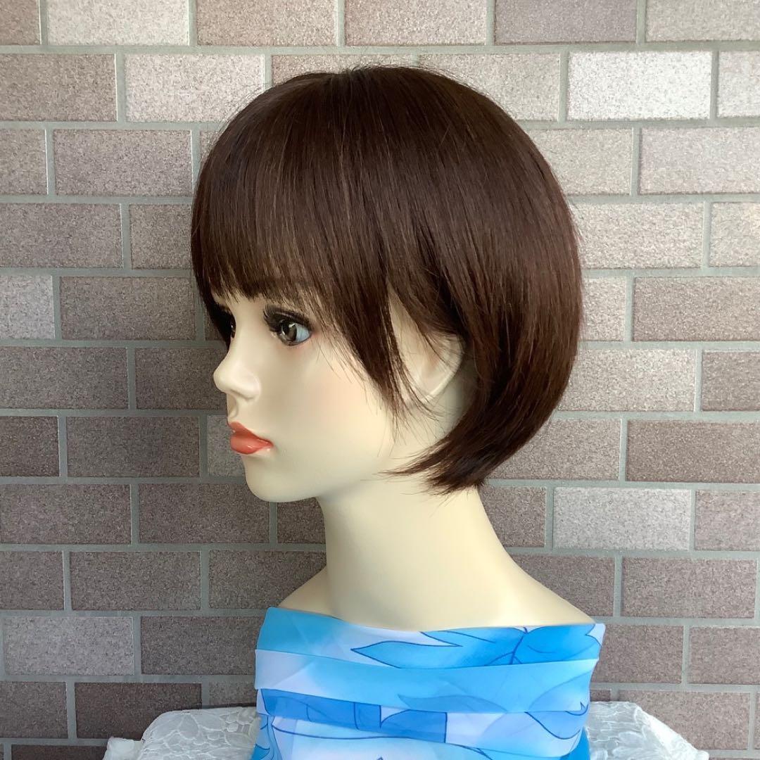 人毛100%￼ 手植え医療用フルウィッグ ウィッグ￼ ショートブラウン3D前髪￼