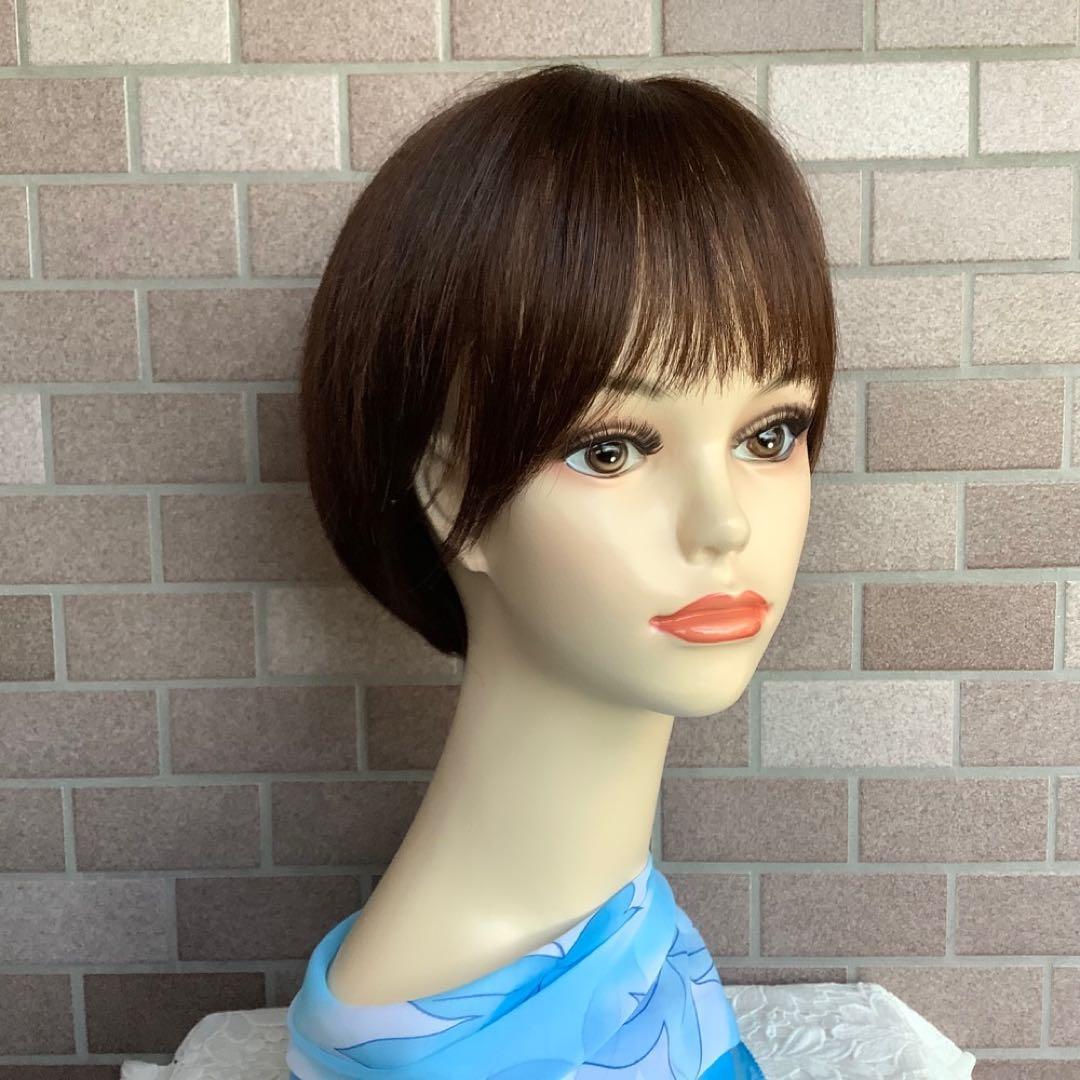 人毛100%￼ 手植え医療用フルウィッグ ウィッグ￼ ショートブラウン3D前髪￼