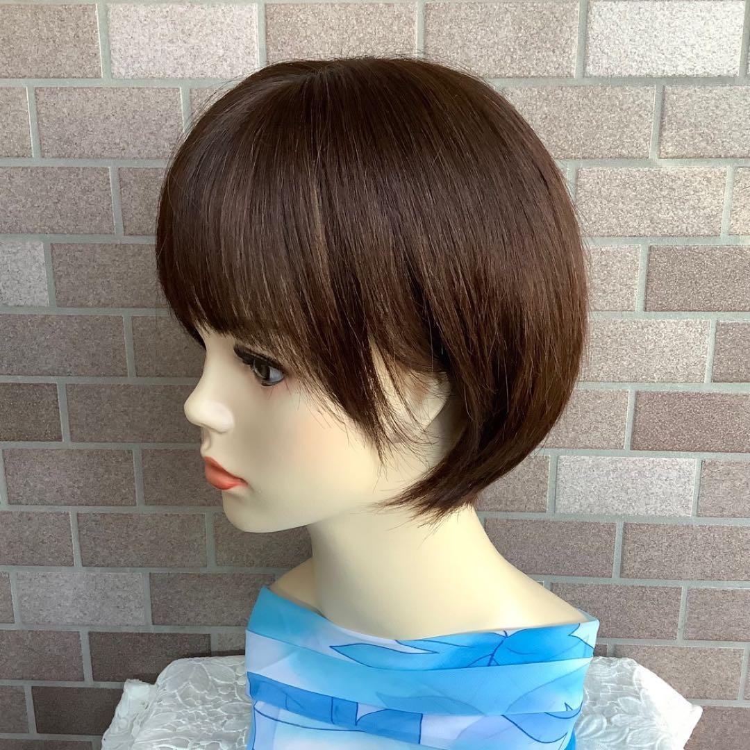 人毛100%￼ 手植え医療用フルウィッグ ウィッグ￼ ショートブラウン3D前髪￼