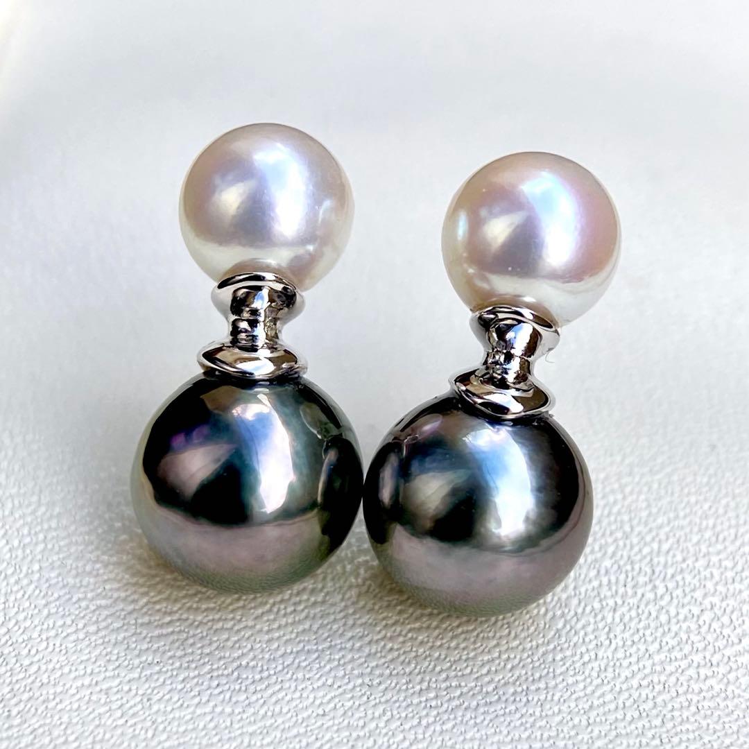 本真珠南洋黒蝶真珠とあこや真珠　双色　双子デザインs925ピアスBL932