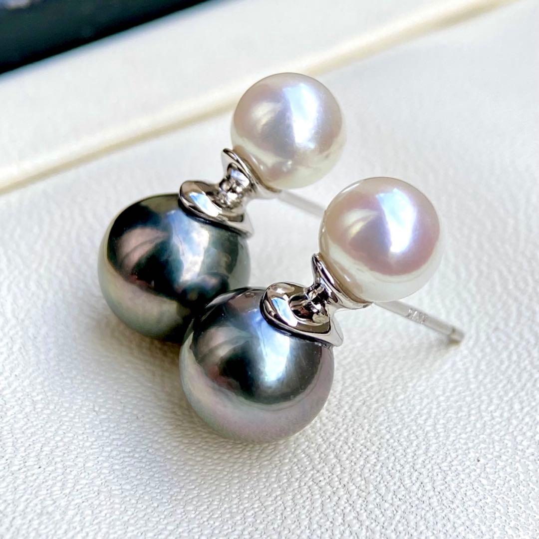本真珠南洋黒蝶真珠とあこや真珠　双色　双子デザインs925ピアスBL932