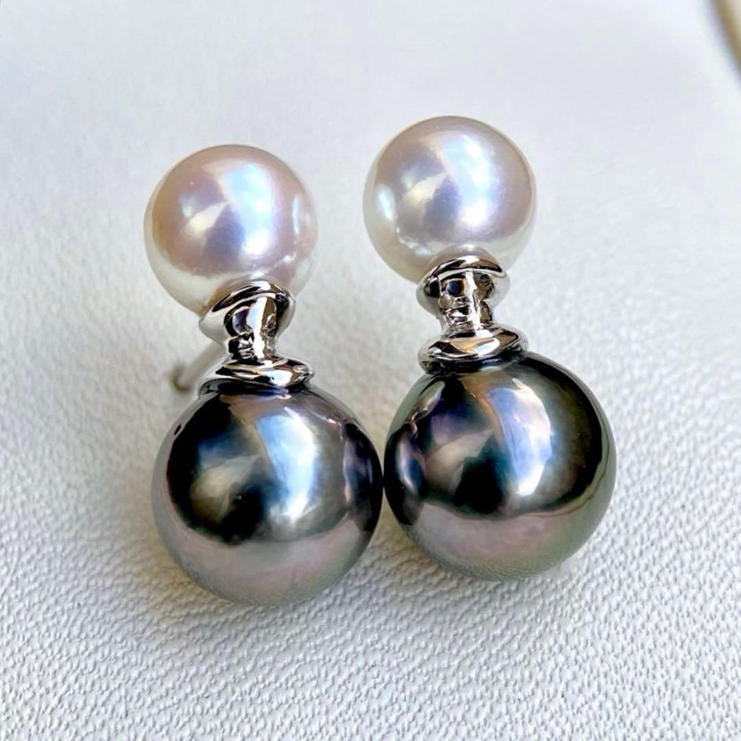 本真珠南洋黒蝶真珠とあこや真珠　双色　双子デザインs925ピアスBL932