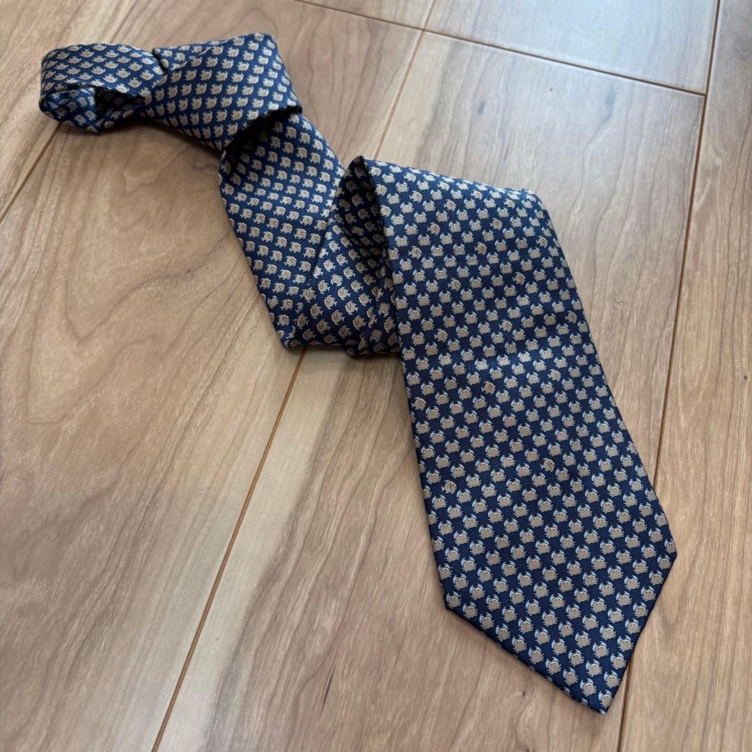 新品　未使用品　ネクタイ HERMES エルメス ネイビー　紺　魚とカニ　海
