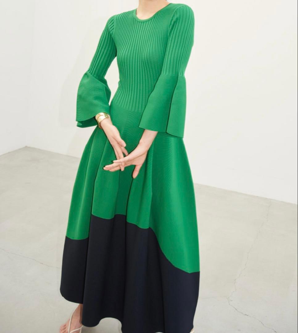 極美品フレイアイディFRAY.I.Dホールロングワンピースニットグリーンネイビー