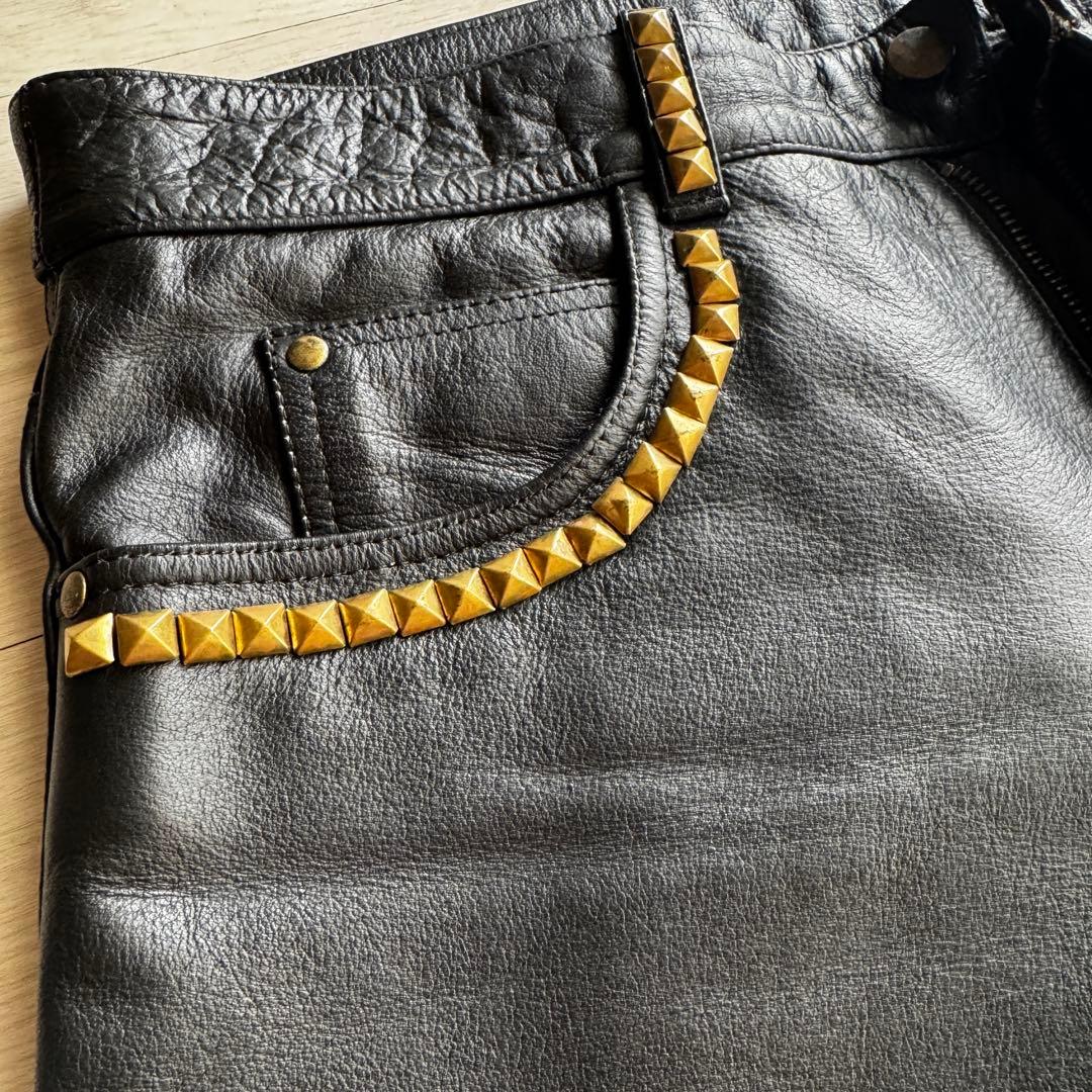 【水牛革】STRAIGHT レザーパンツ　バイクパンツ　黒　本革　パンク