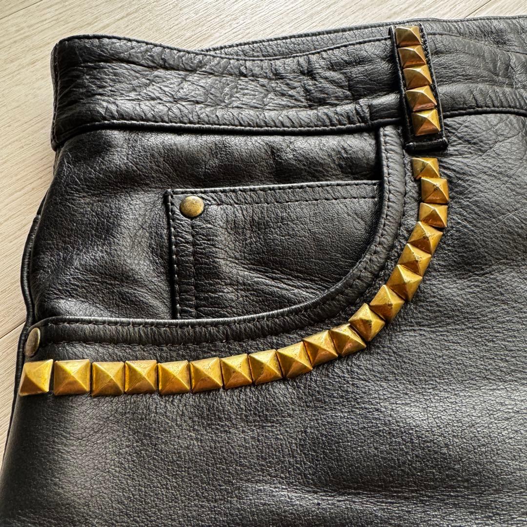 【水牛革】STRAIGHT レザーパンツ　バイクパンツ　黒　本革　パンク