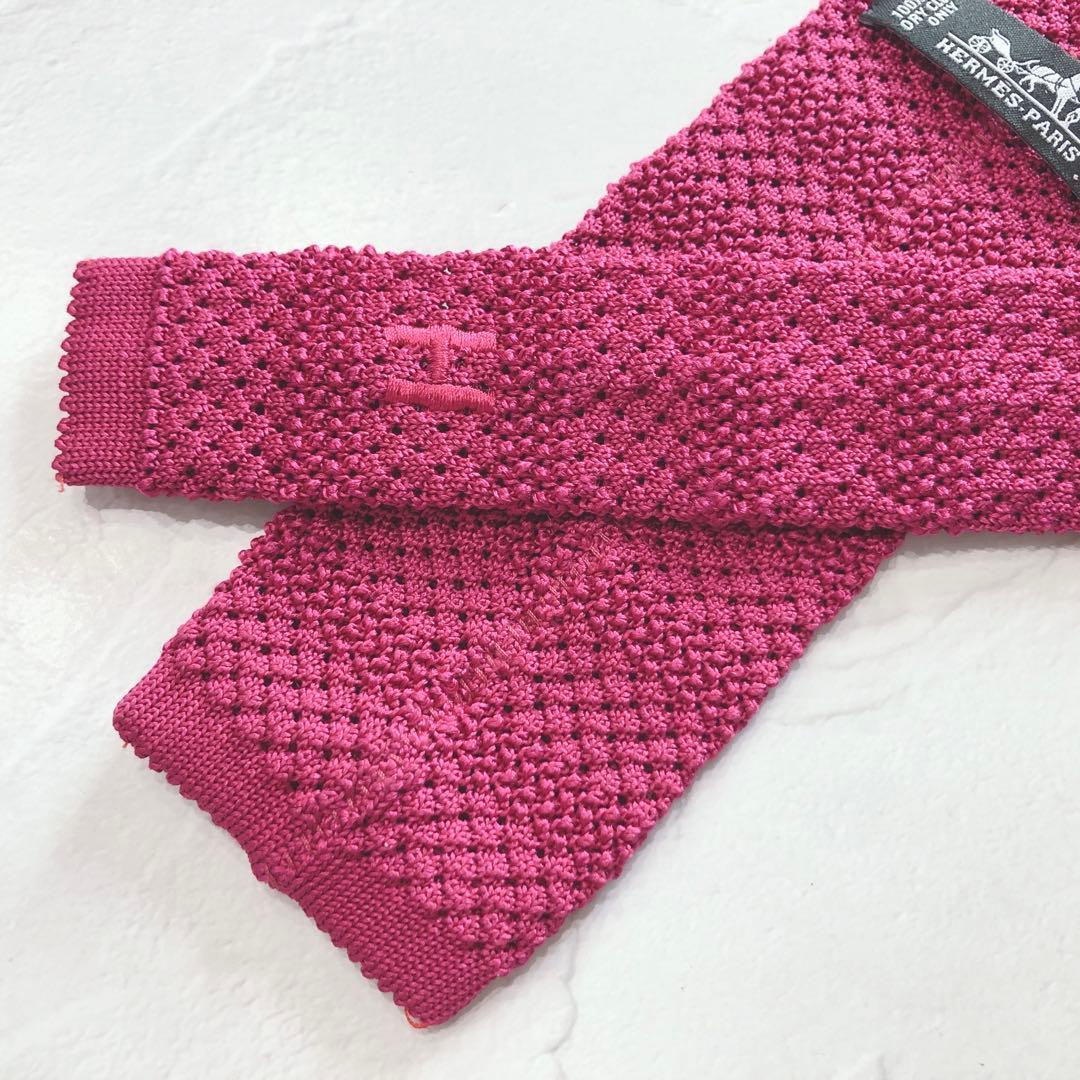 ☆未使用☆ HERMÈS エルメス Hロゴ ネクタイ ニットタイ ピンク シルク