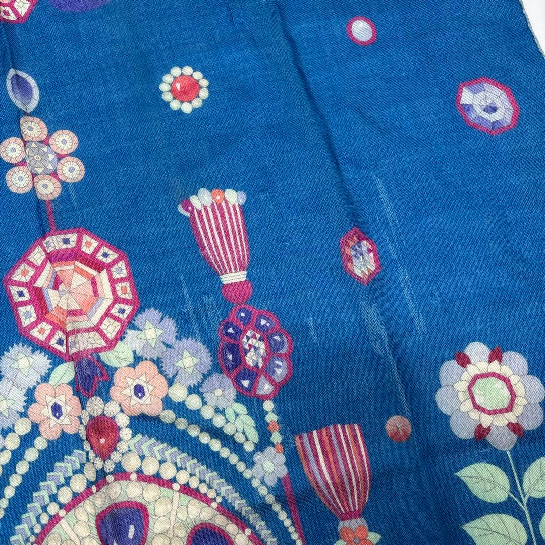 0902 レオナール　ストール　花柄　ブルー　汚れ,糸ツレあり.※値下げ不可.