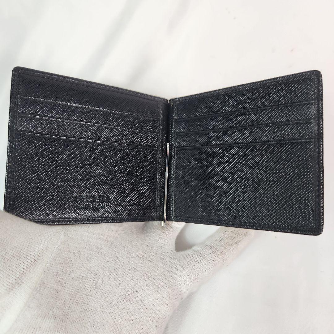 極美品 PRADA マネークリップ ロゴ型押し サフィアーノレザー ブラック