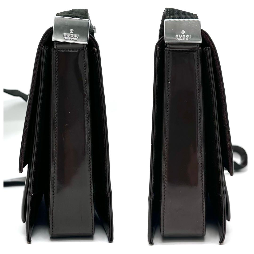 OLD GUCCI ショルダーバッグ ロゴ 金具 パテントレザー ダークブラウン