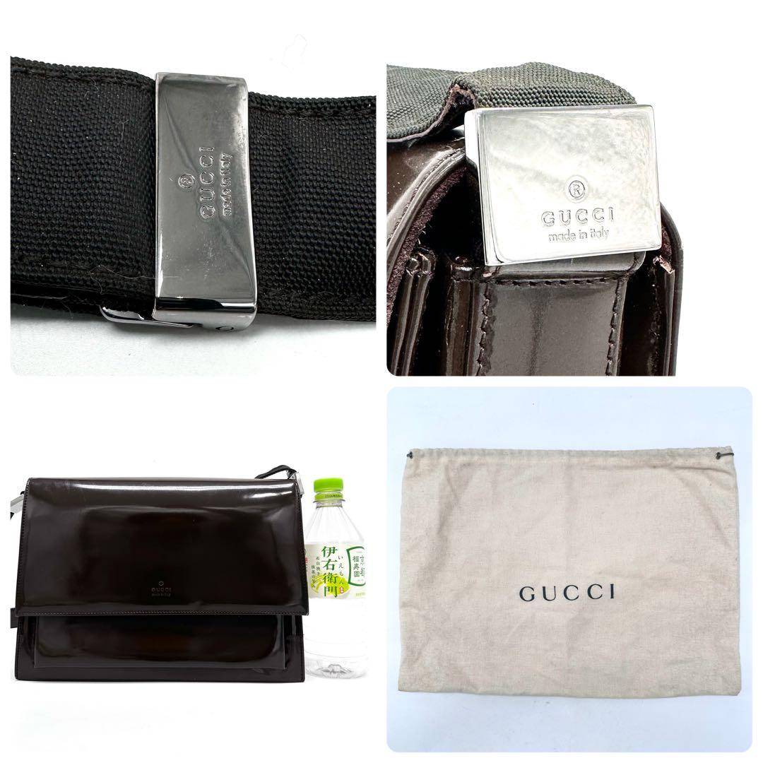 OLD GUCCI ショルダーバッグ ロゴ 金具 パテントレザー ダークブラウン