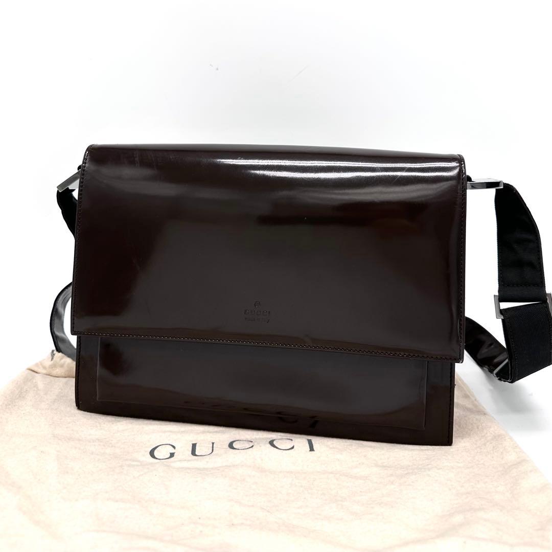 OLD GUCCI ショルダーバッグ ロゴ 金具 パテントレザー ダークブラウン