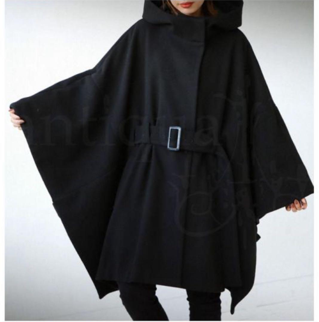 KINU フード付きポンチョコート ケープ スタンドカラー ベルト 羽織り