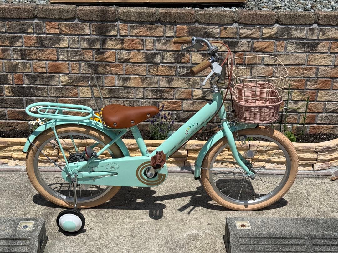 ミントグリーン 自転車 前カゴ付き　18インチ　補助輪付　子供自転車