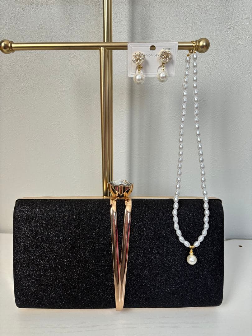 【着用1回だけ】お呼ばれドレスM・イヤリング・バック・ネックレスの小物付セット