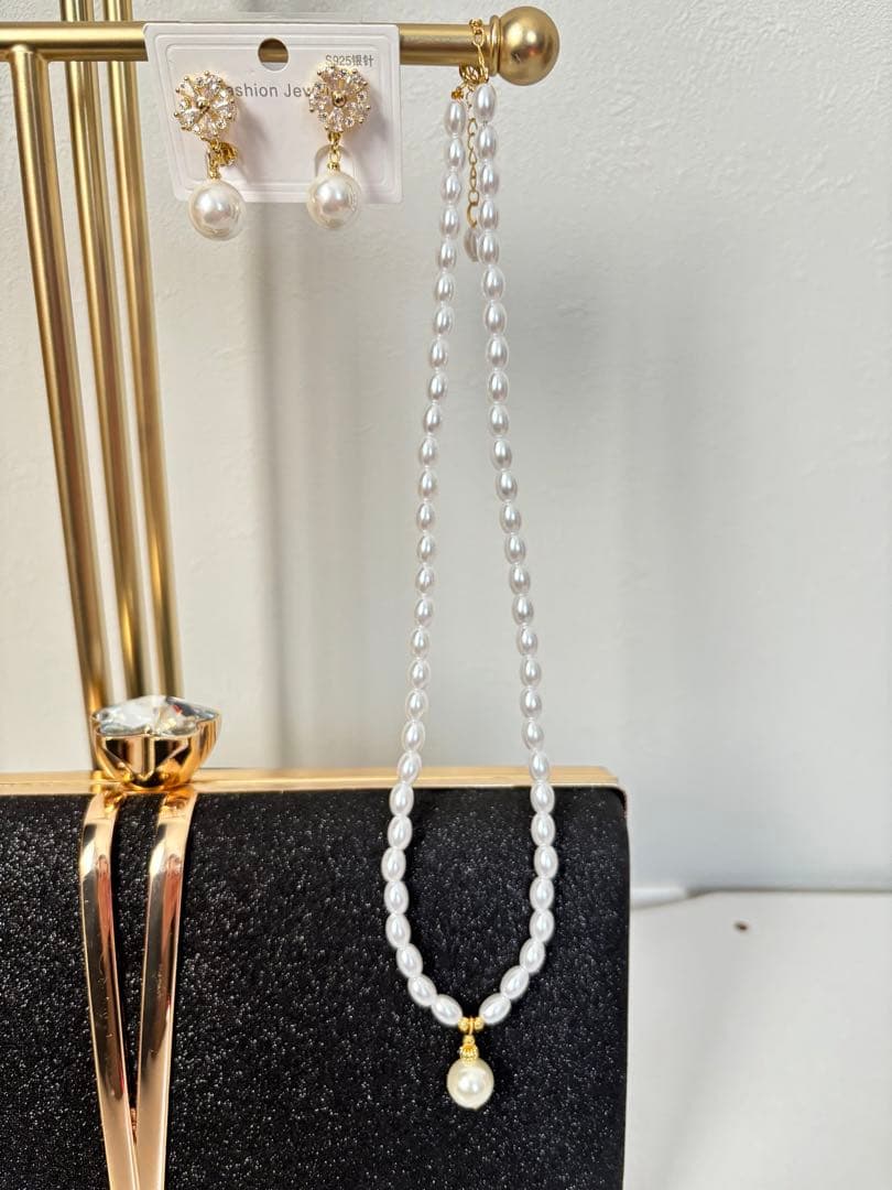 【着用1回だけ】お呼ばれドレスM・イヤリング・バック・ネックレスの小物付セット