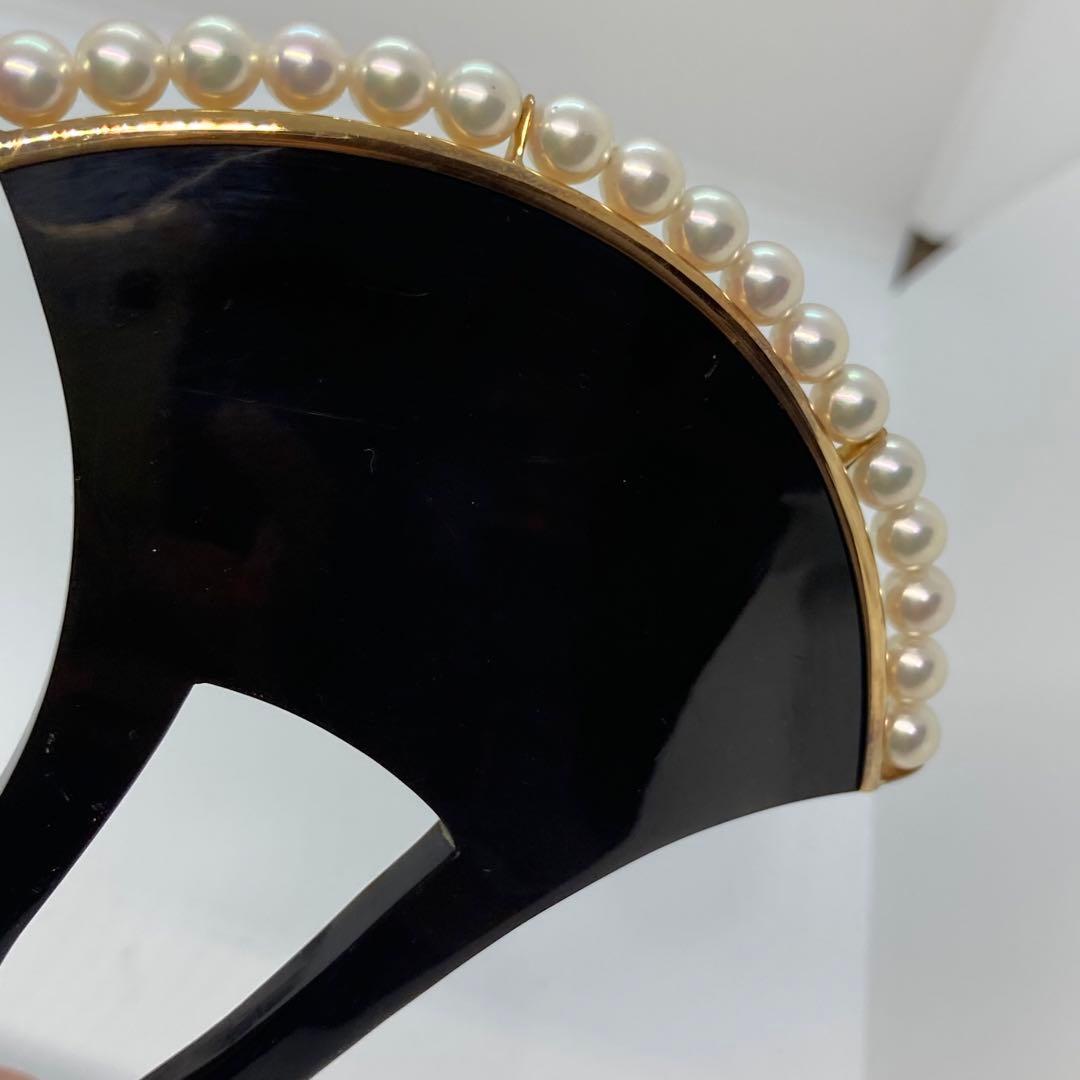 100402 結婚式　本鼈甲　黒甲　金プレート18K 真珠バチ型　かんざし　簪