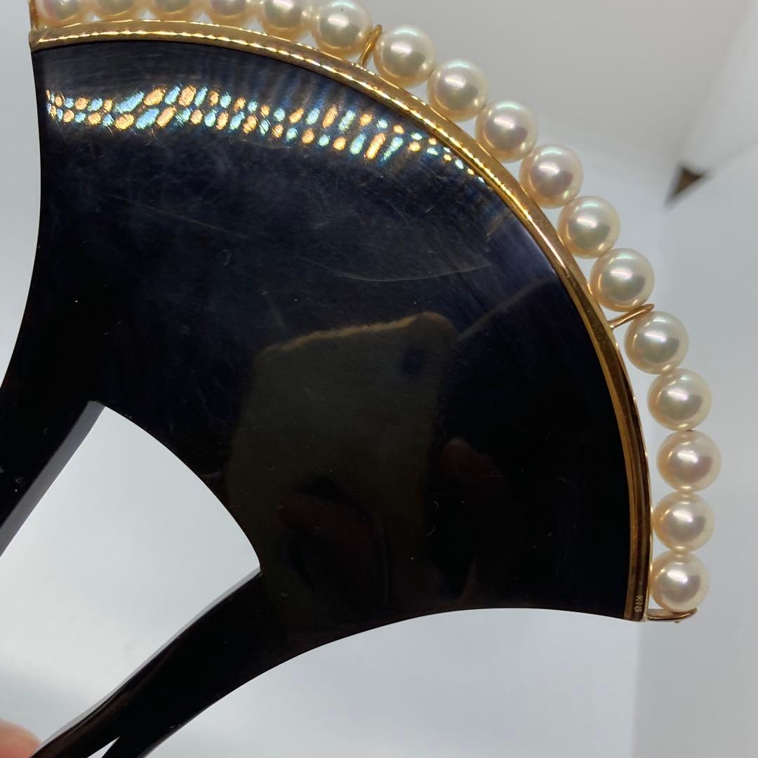 100402 結婚式　本鼈甲　黒甲　金プレート18K 真珠バチ型　かんざし　簪