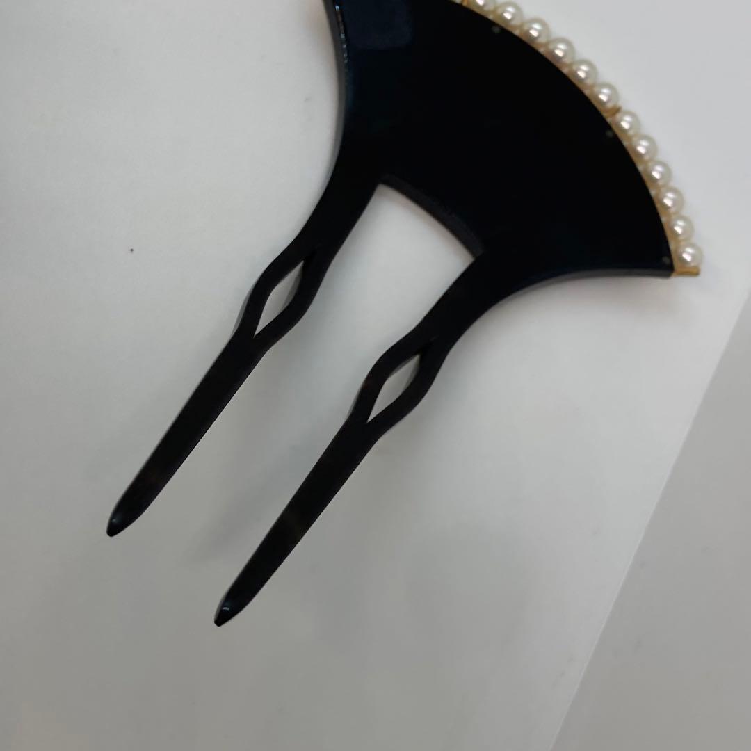 100402 結婚式　本鼈甲　黒甲　金プレート18K 真珠バチ型　かんざし　簪