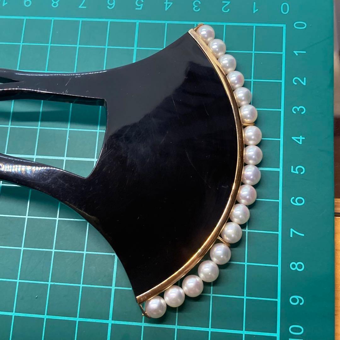 100402 結婚式　本鼈甲　黒甲　金プレート18K 真珠バチ型　かんざし　簪