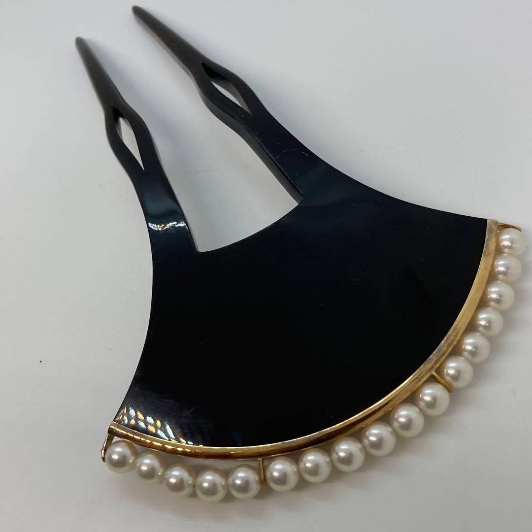 100402 結婚式　本鼈甲　黒甲　金プレート18K 真珠バチ型　かんざし　簪