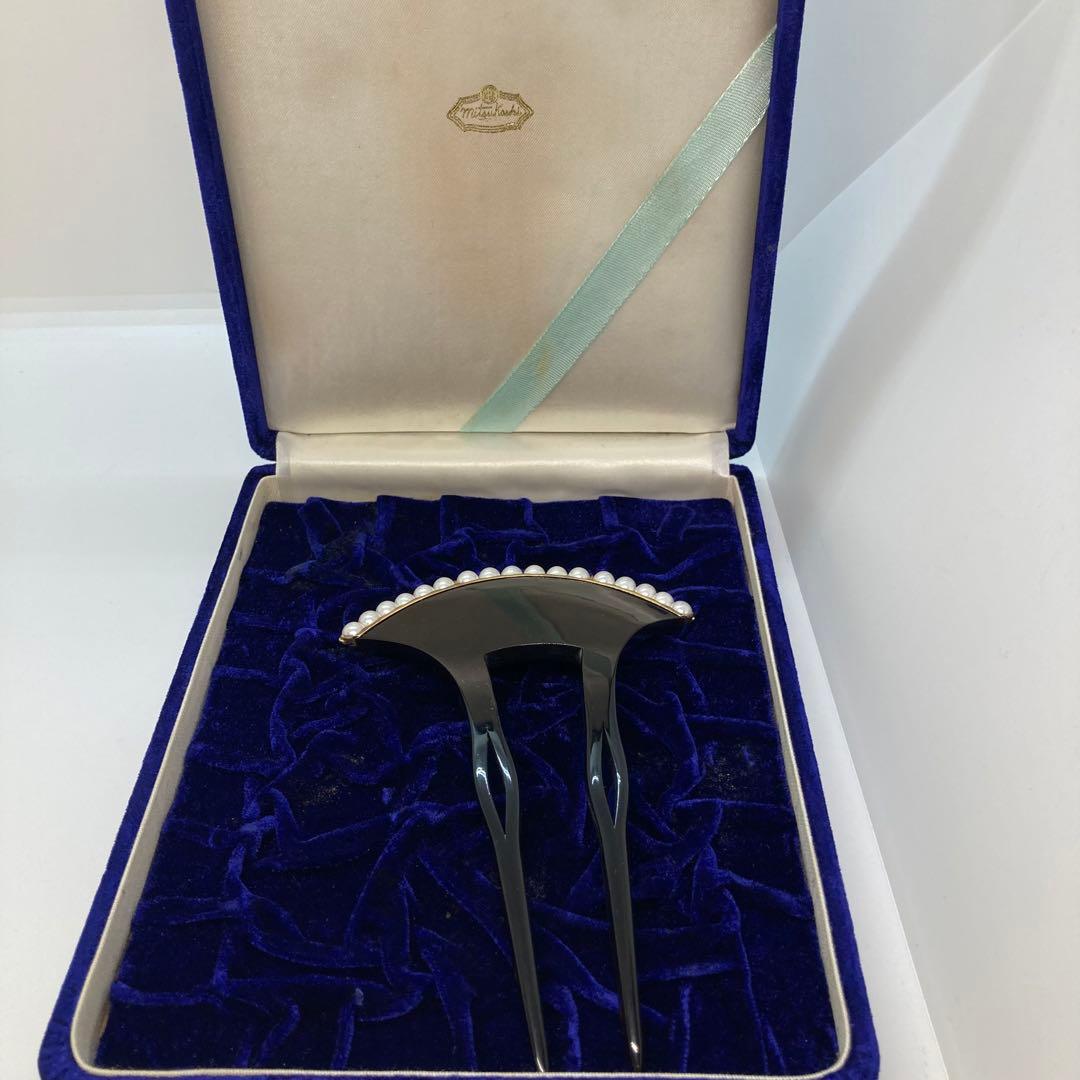 100402 結婚式　本鼈甲　黒甲　金プレート18K 真珠バチ型　かんざし　簪