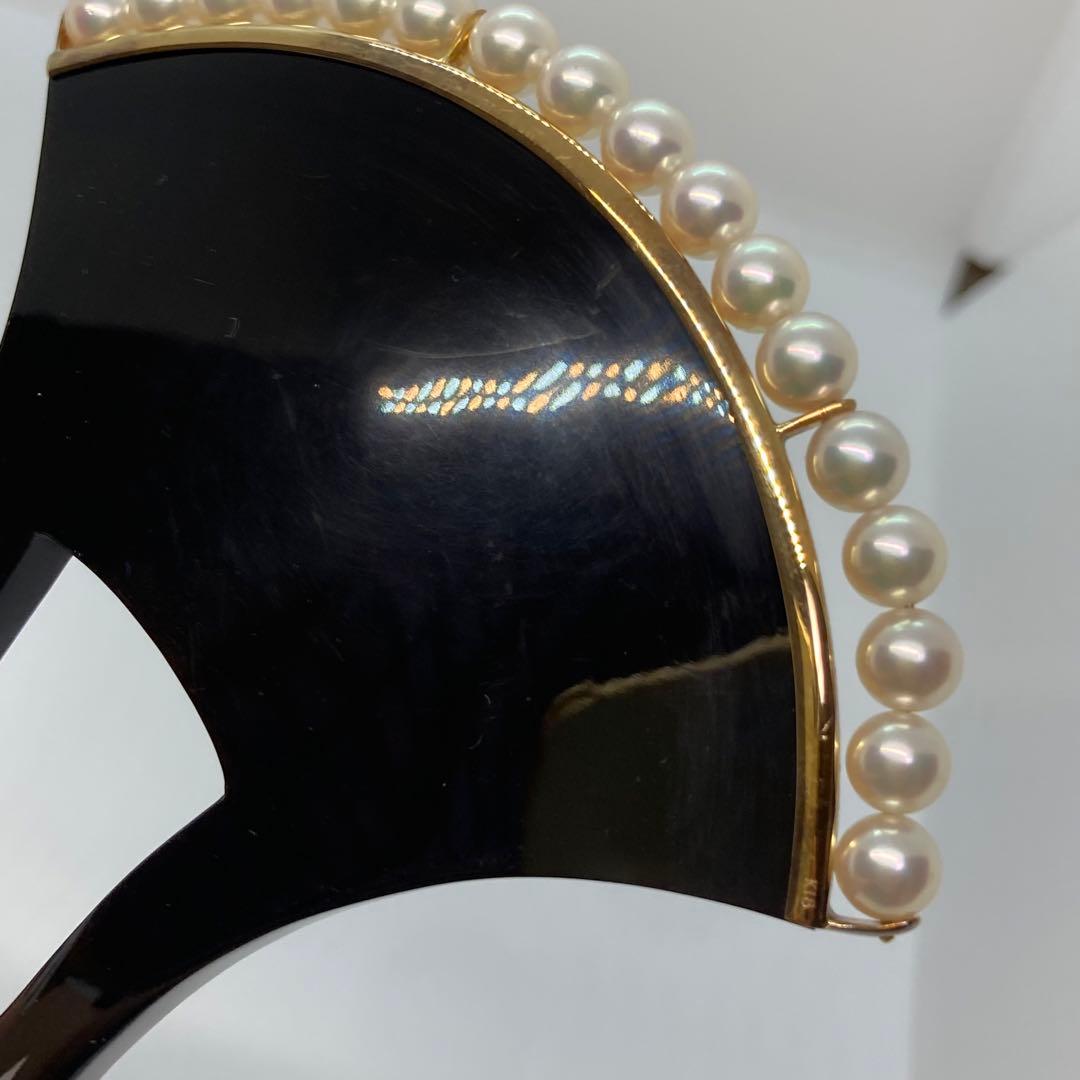 100402 結婚式　本鼈甲　黒甲　金プレート18K 真珠バチ型　かんざし　簪