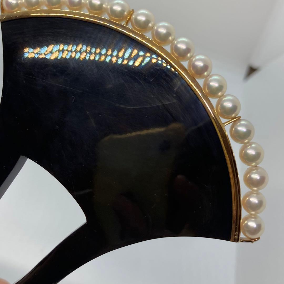 100402 結婚式　本鼈甲　黒甲　金プレート18K 真珠バチ型　かんざし　簪