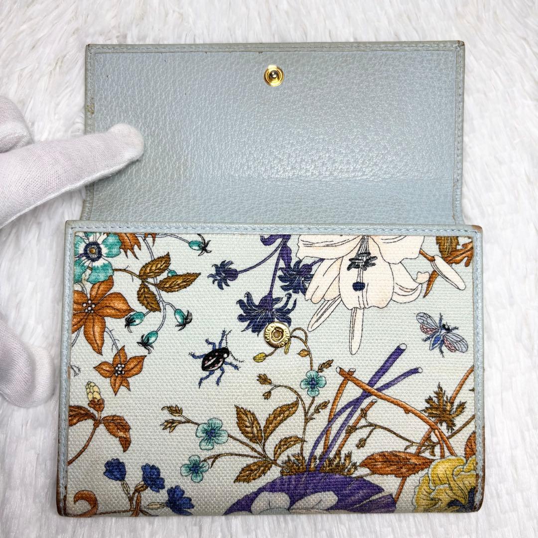 ✨付属品完備✨ グッチ マーモント フローラ 二つ折り財布 花 ポーチ ブルー