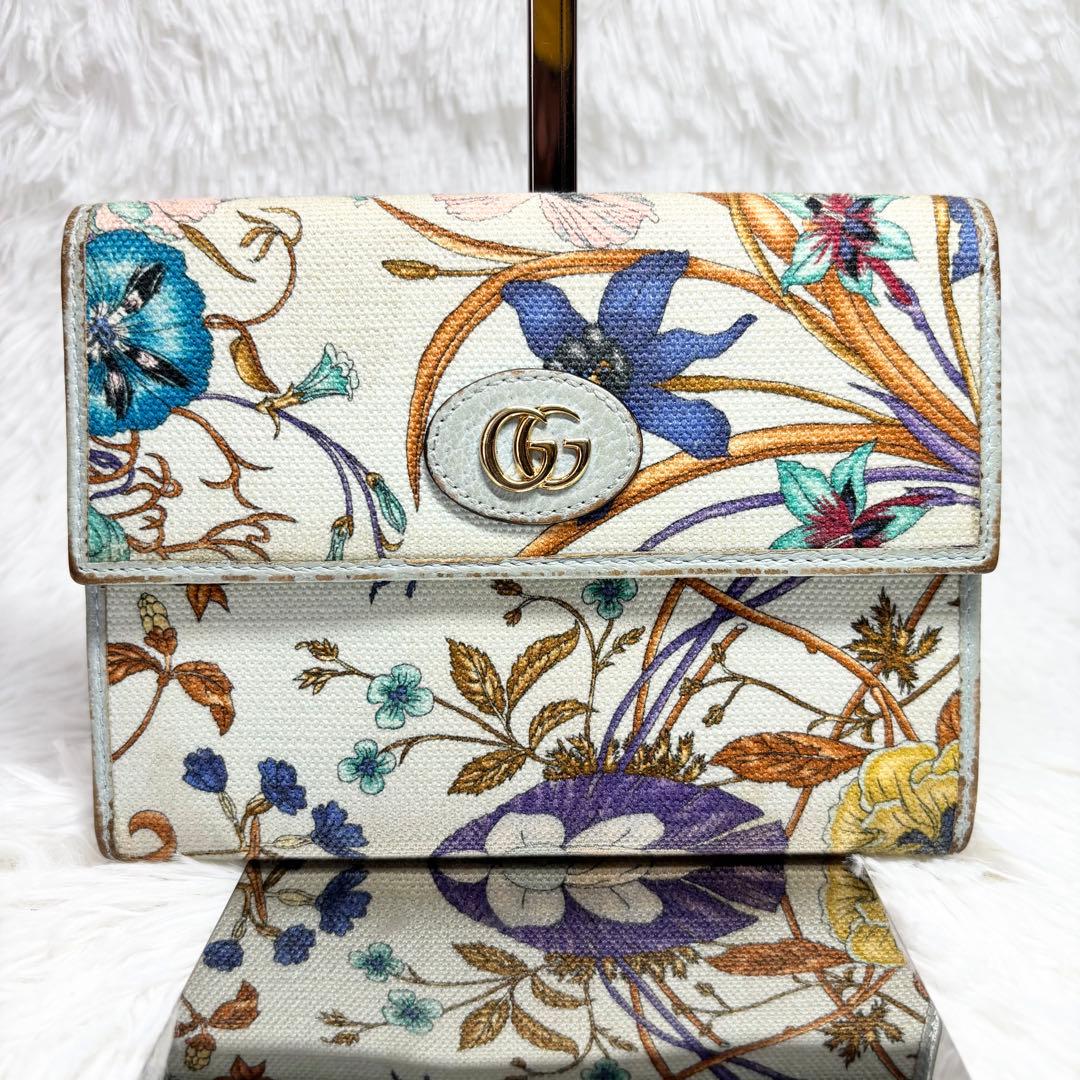 ✨付属品完備✨ グッチ マーモント フローラ 二つ折り財布 花 ポーチ ブルー